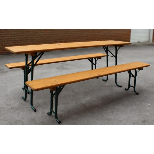 1898 - Late 20th Century pine folding garden table with a pair of matching benches, 2m long