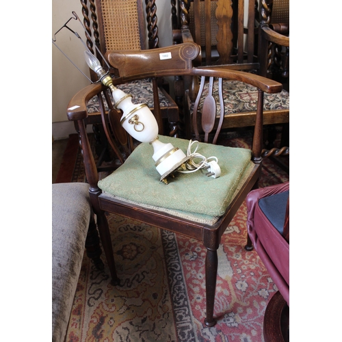 1902 - Edwardian line inlaid corner chair on turned supports, together with a gilt and white marble table l... 