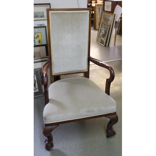 1903 - 17th Century style upholstered armchair, together with a near pair of mahogany open armchairs