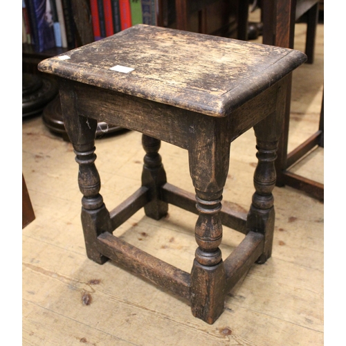 1905 - George III oak oval occasional table on square cut supports, together with an oak joint stool