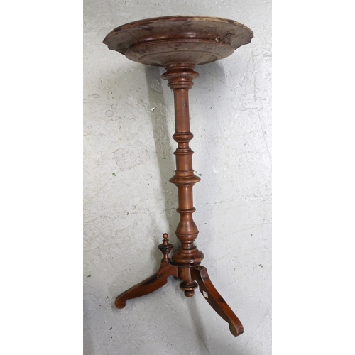 1909 - Unusual 19th Century burr yew wood pedestal occasional table, the dish top above a turned column sup... 