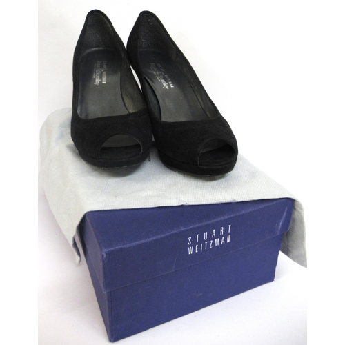 39 - Stuart Weitzman for Russell & Bromley, black suede peep toe shoes, size UK 4 / USA 6, with original ... 