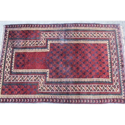 5 - Afghan prayer rug, with multiple borders on wine ground, 132 x 85cm