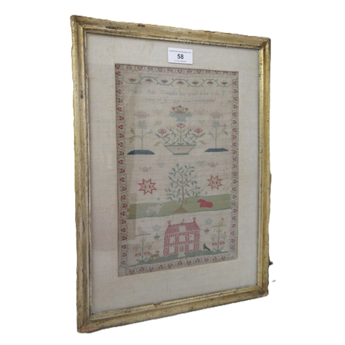 58 - Small 19th Century pictorial sampler, 30 x 19cm, gilt framed