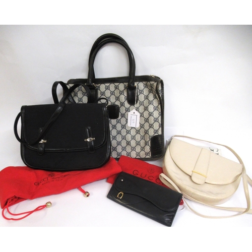 63 - Gucci, crossbody leather and cloth bag, with dust cover, another Gucci handbag (at fault), ladies Gu... 