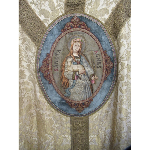 70 - Gold threadwork embroidered vestment, the central panel depicting St. Agnes (with damages)