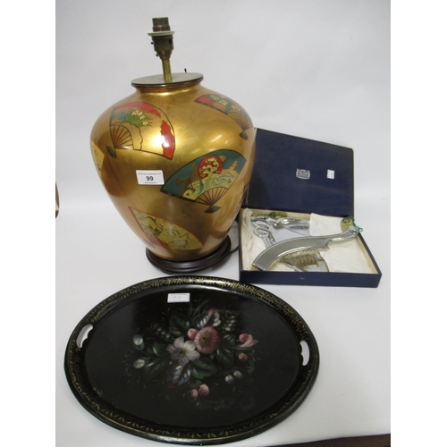 99 - Modern oriental style table lamp with shade, Russian toleware tray and a boxed chrome plated crumb s... 