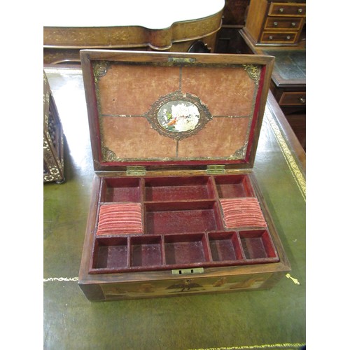 1803 - 19th Century walnut work / jewellery box, the hinged cover and sides inlaid with parquetry maritime ... 