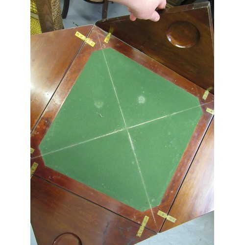 1692 - Edwardian mahogany and satinwood crossbanded envelope card table, with a single drawer on square tap... 