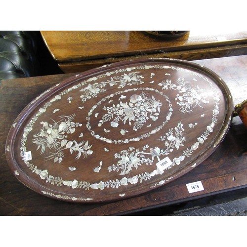 1808 - Chinese exotic hardwood oval mother of pearl inlaid tray decorated with birds, butterflies and flowe... 