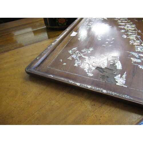 1808 - Chinese exotic hardwood oval mother of pearl inlaid tray decorated with birds, butterflies and flowe... 