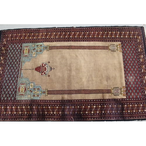 11 - Belouch prayer rug in shades of beige, turquoise and red, 154 x 95cm (some wear and edge damage)