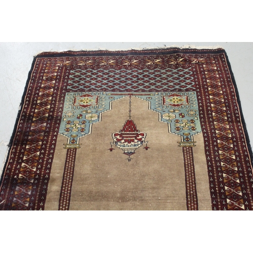 11 - Belouch prayer rug in shades of beige, turquoise and red, 154 x 95cm (some wear and edge damage)