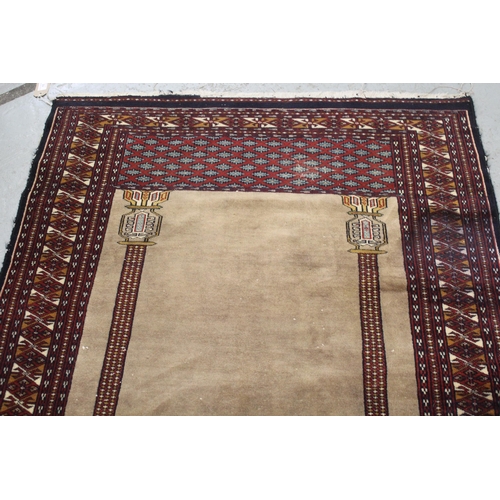 11 - Belouch prayer rug in shades of beige, turquoise and red, 154 x 95cm (some wear and edge damage)