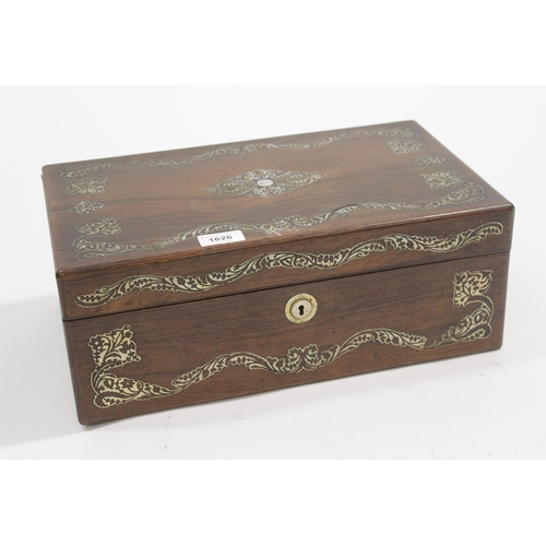 1626 - 19th Century rosewood mother of pearl inlaid rectangular fold-over writing box with fitted interior