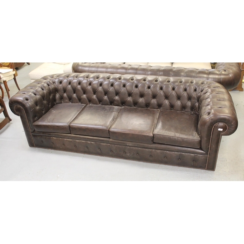 1636 - Large dark tan buttoned leather upholstered Chesterfield settee, 255cm wide