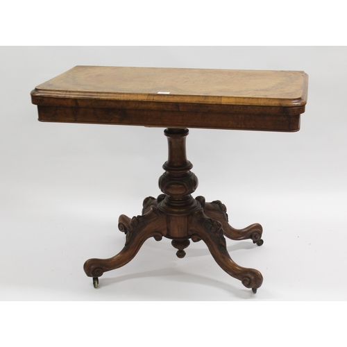 1637 - Victorian figured walnut rectangular fold-over card table on a turned and carved column support with... 