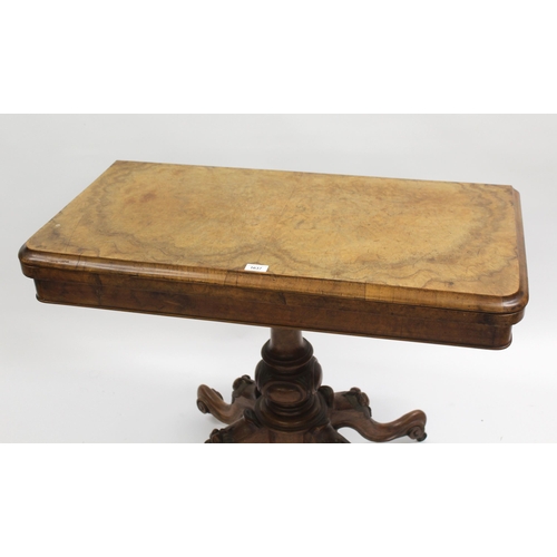 1637 - Victorian figured walnut rectangular fold-over card table on a turned and carved column support with... 