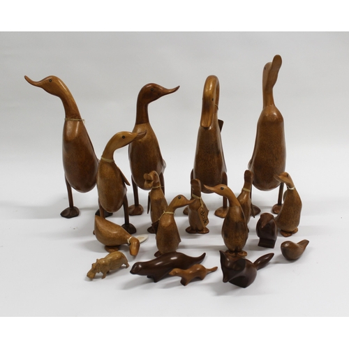 1640 - Large collection of carved wooden figures of ducks by DC UK and other various wooden figures of anim... 