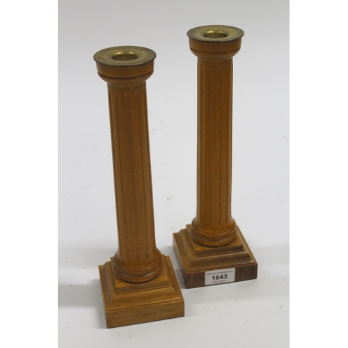 1643 - David Linley, pair of oak fluted column candlesticks with brass sconces, stamped, 30.5cm high