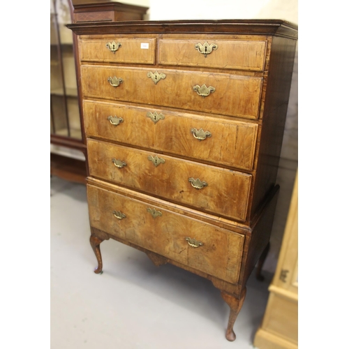 1650 - 18th Century walnut chest on stand, the moulded cornice above two short and three long graduated dra... 