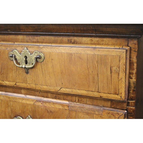 1650 - 18th Century walnut chest on stand, the moulded cornice above two short and three long graduated dra... 