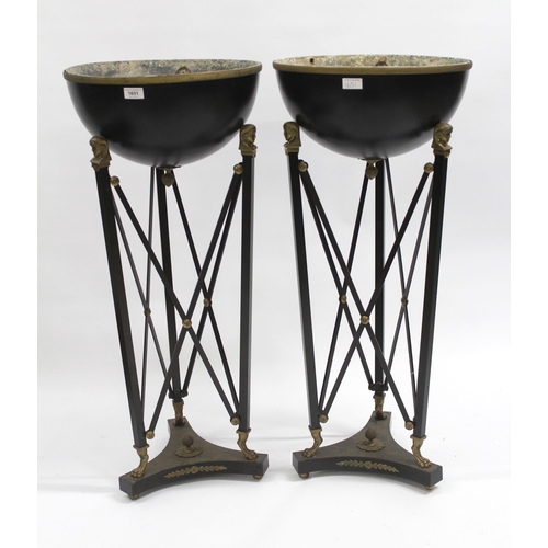 1651 - Pair of 20th Century Regency style painted wrought and cast iron pedestal planters / braziers of Egy... 