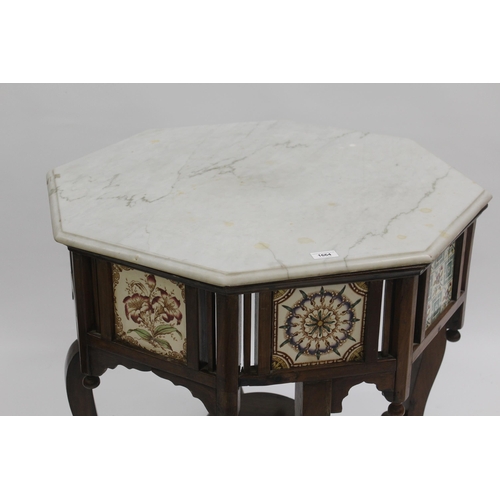 1664 - Unusual Arts & Crafts octagonal centre table with marble top above a tile inset freize, raised on ca... 