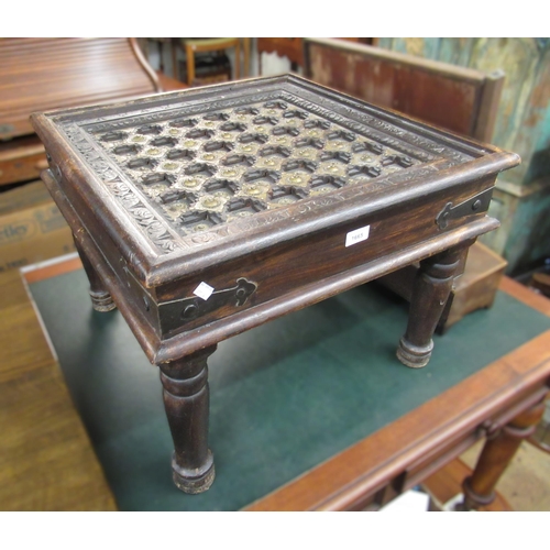 1665 - Indian square brass mounted wooden coffee table on turned supports, 60cm