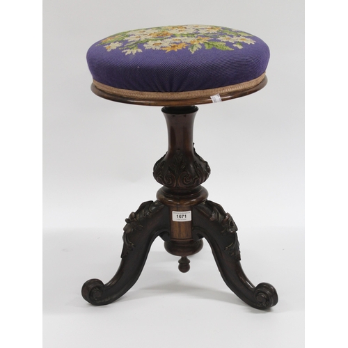 1671 - Victorian rosewood circular adjustable seat piano stool with a woolwork top, raised on carved balust... 