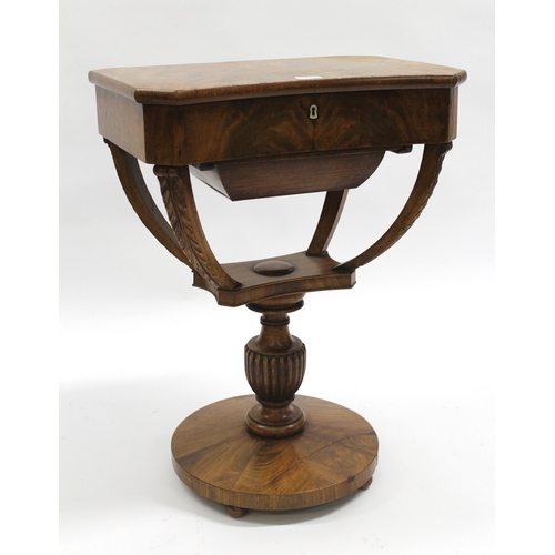 1675 - Biedermeier type flame mahogany work table, the interior fitted with burr maple lids, 55cm wide x 43... 