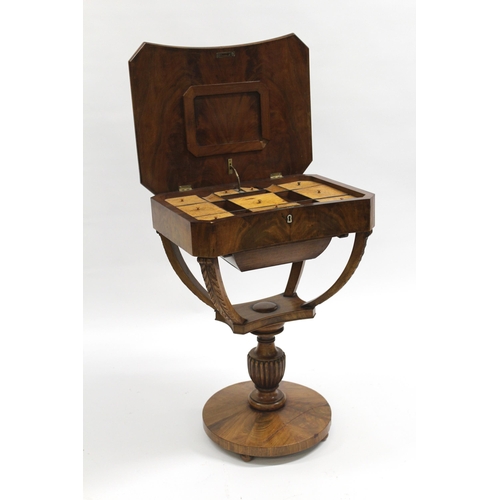 1675 - Biedermeier type flame mahogany work table, the interior fitted with burr maple lids, 55cm wide x 43... 