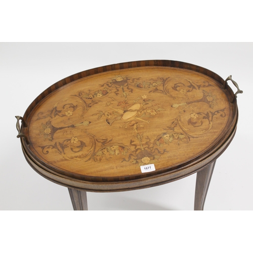 1677 - Edwardian satinwood and inlaid oval tray with chequer border, brass handles and inlaid with a centra... 