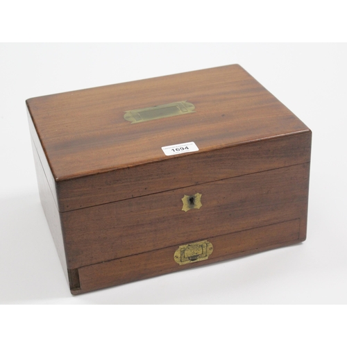 1694 - 19th Century mahogany dressing case / jewellery box with silver plated fitted interior and single dr... 