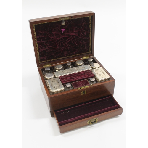 1694 - 19th Century mahogany dressing case / jewellery box with silver plated fitted interior and single dr... 