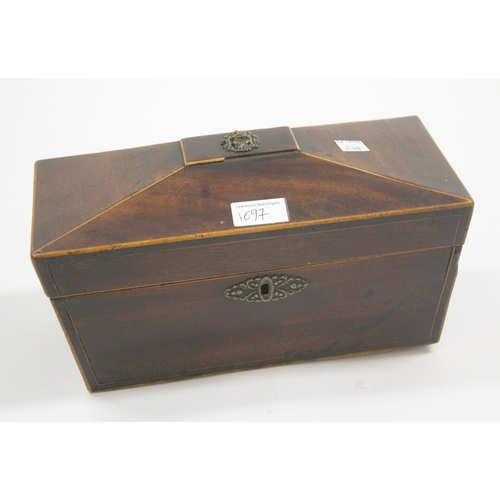 1697 - 19th Century sarcophagus shaped three division tea caddy for restoration, together with a mahogany a... 