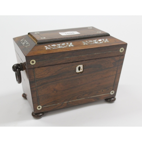 1698 - Small 19th Century rosewood mother of pearl inlaid tea caddy with ring handles and bun feet