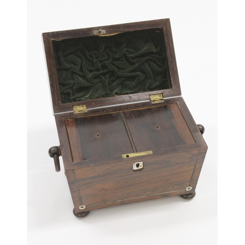 1698 - Small 19th Century rosewood mother of pearl inlaid tea caddy with ring handles and bun feet