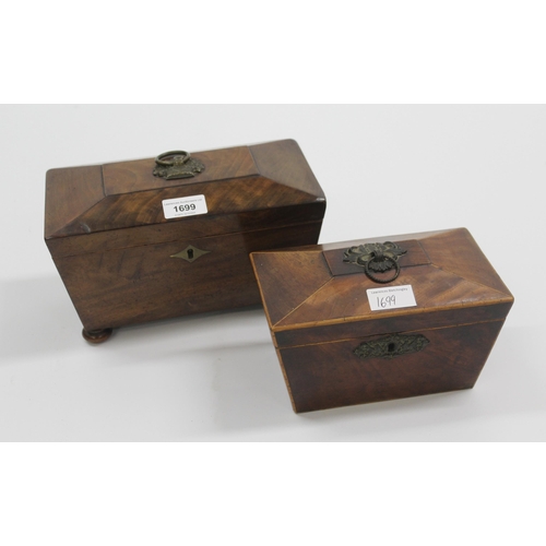 1699 - Two 19th Century mahogany sarcophagus shaped tea caddies, one with bun supports