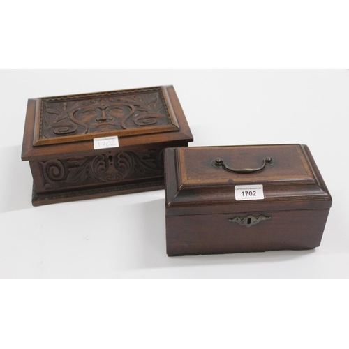 1702 - Early 19th Century mahogany tea caddy with brass carrying handle, together with a carved 20th Centur... 