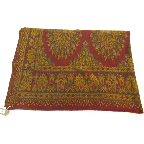 28 - Chenille bed / table cover with an all-over stylised flowerhead design on red ground with borders, 2... 