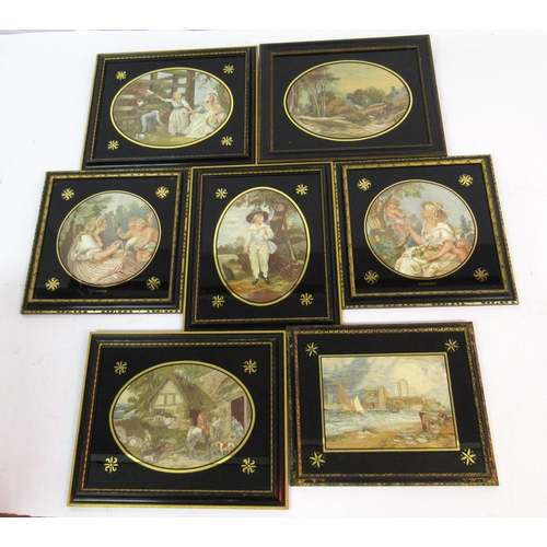 31 - Group of seven silk embroidered pictures, figures and landscapes, in verre eglomise mounts