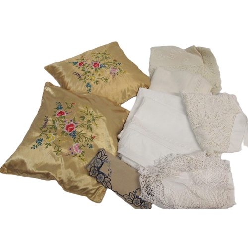 34 - Small quantity of various early 20th Century and later table cloths and two floral embroidered silk ... 