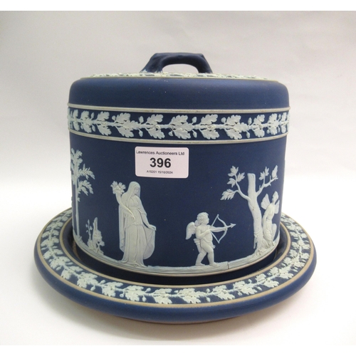 396 - Wedgwood blue Jasperware stilton stand with cover, the stand 28cm diameter