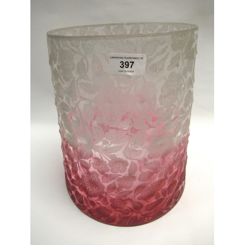 397 - Clear and cranberry floral etched tapering glass cylindrical shade, 29cm high x 21cm diameter to top... 