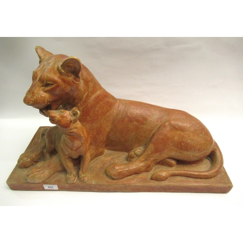 431 - Terracotta figure of a lioness and cub signed H. Bargas, 62cm wide x 25cm deep x 35cm high