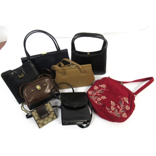 49 - Box containing a collection of various ladies leather and other handbags, purses etc.