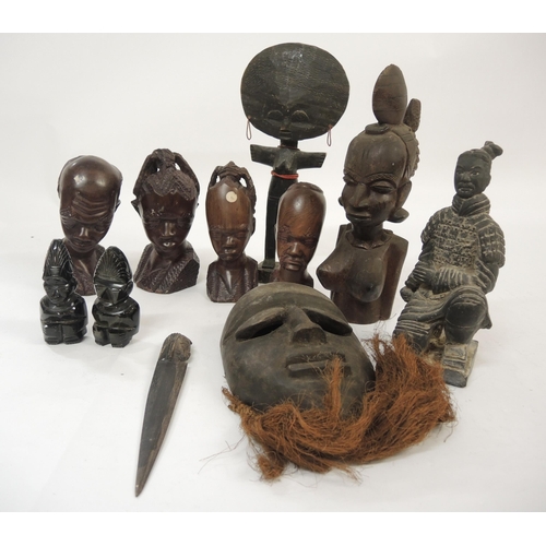 58 - Box containing a quantity of various African carved hardwood figures, including a mask and a Chinese... 