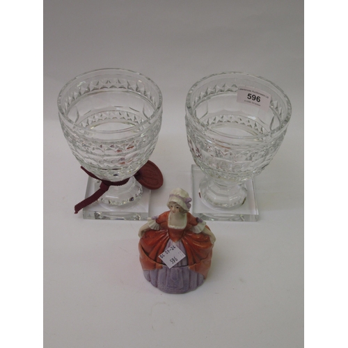 596 - Pair of William Yeoward, good quantity cut glass pedestal goblets, together with a porcelain powder ... 