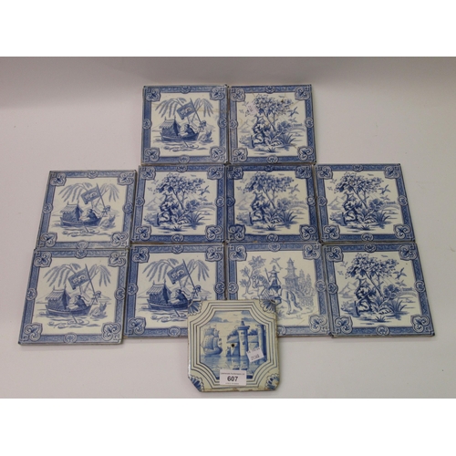 607 - Group of eleven blue and white Mintons tiles, Chinese decorated tiles and a Delft tile